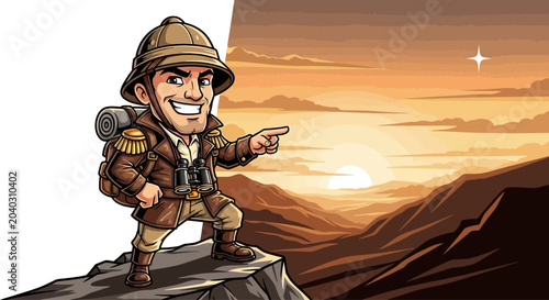 Tableau sur toile Cartoon man in explorer outfit standing.