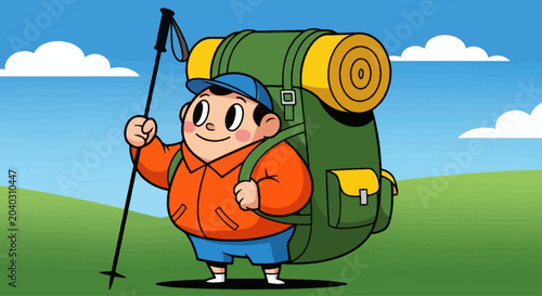 Cartoon boy with hiking backpack.