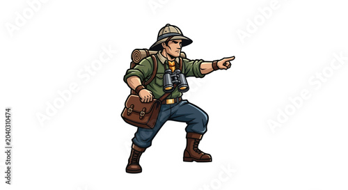Photos Man wearing hiking gear pointing ahead.