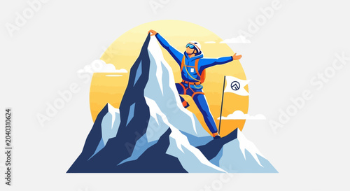 Vászonkép Man climbing mountain peak triumphantly outdoors.