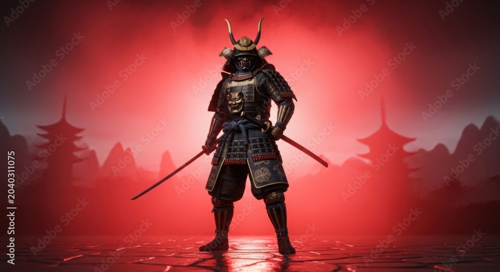 Fototapeta premium Samurai warrior standing in dramatic red mist with sword at sunset battle scene