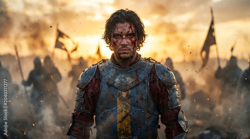 Fototapeta premium Distant view of wounded medieval knight in bloodied armor standing amidst chaotic battlefield with flags waving and soldiers clashing under dramatic sunset sky with embers