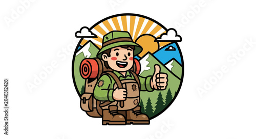 Foto Smiling Cartoon Hiker Giving Thumbs Up.