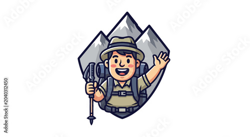 Fényképezés Cartoon hiker with backpack smiling.