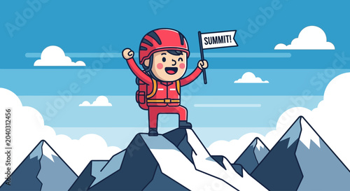 Photos Happy climber celebrates reaching mountain summit with flag.