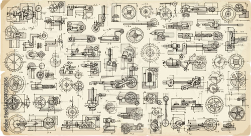 Vintage technical blueprint of mechanical gears and machinery parts, antique engineering schematic on aged paper, retro industrial vector illustration