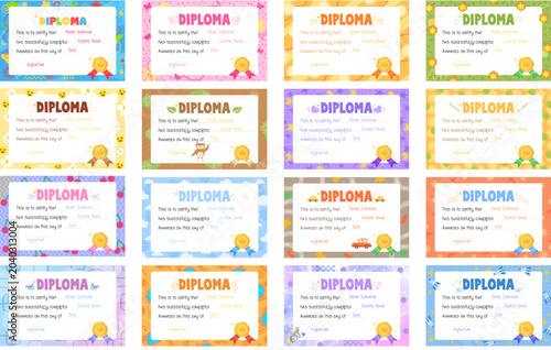 A set of colorful and playful kids diploma certificate templates in a cartoon style. Each diploma features a unique background with fun patterns, cute animals, and bright elements. Perfect for schools