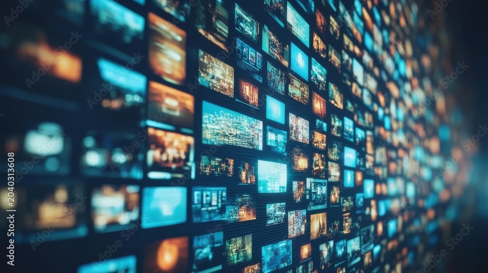 Naklejka premium Digital display wall of multiple video screens showing global information feeds and media broadcasting technology mosaic background.