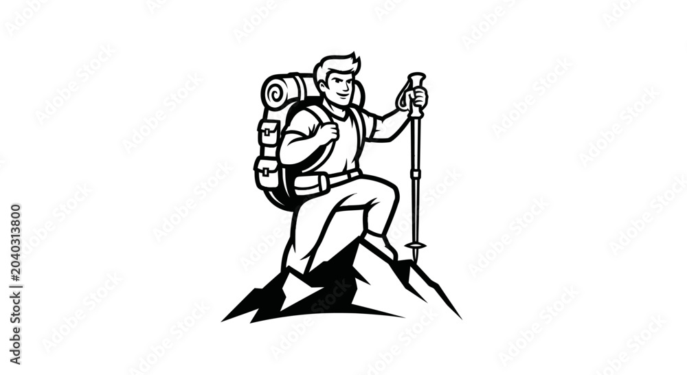 Fototapeta premium Male Hiker with Backpack and Trekking Pole on Mountain Peak.