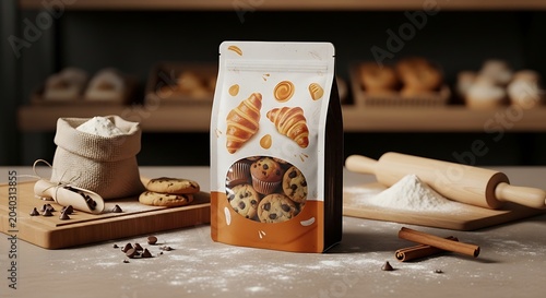 A bag of chocolate chip cookies and croissants sitting on a kitchen table with flour and baking tools