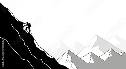 Fotografie Person climbing steep mountain side ascent.