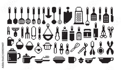 Pixel art kitchen tools set with different kitchen utensils, kitchenware vector illustration.
