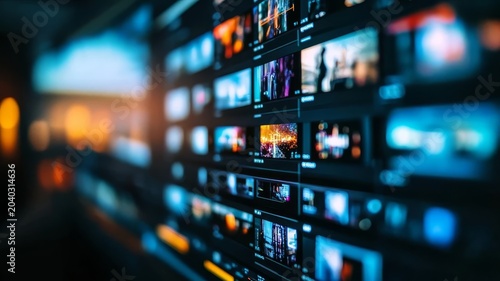 Digital video editing interface featuring multi screen media thumbnails for professional film post production content workflow.