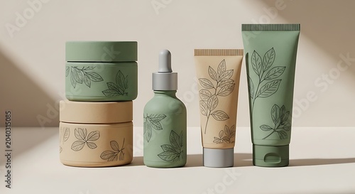 Natural organic skincare product bottles and containers set for facial treatment and daily beauty routine
