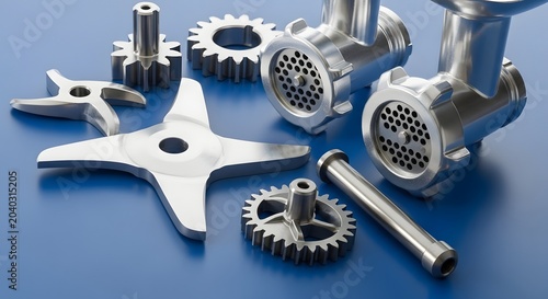 Close-up of shiny metal components and gears for a meat grinder against a smooth blue background, showcasing mechanical precision