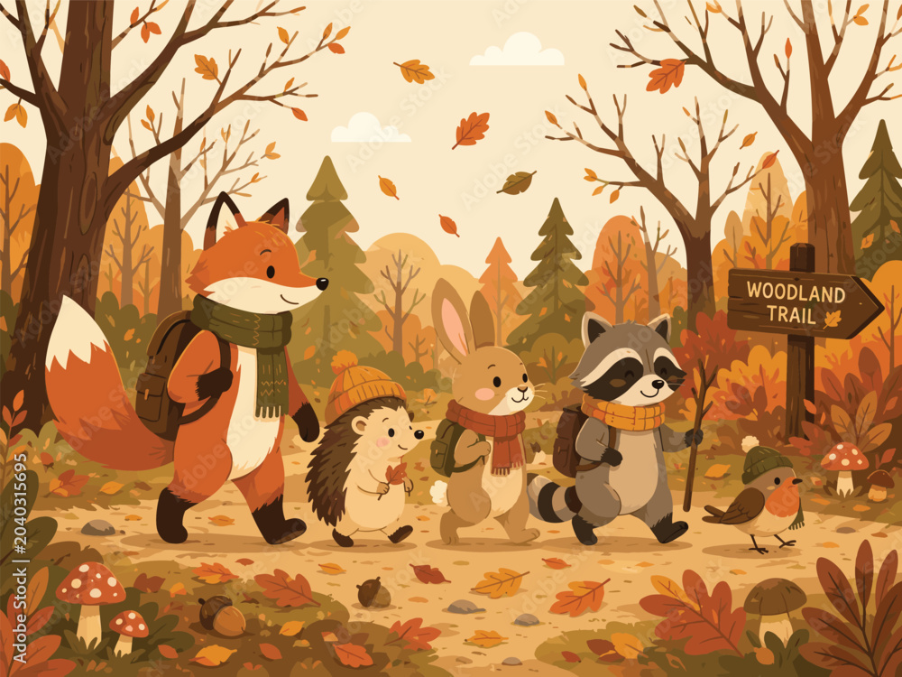 Obraz premium Cute animal storybook illustration shows friendly forest characters in colorful children book style