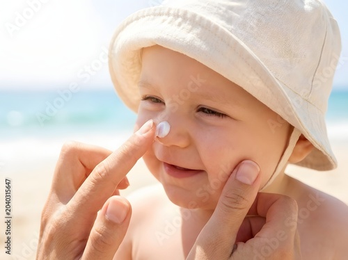 Mother applying protective sunscreen cream on nose of her cute smiling baby wearing hat on beach