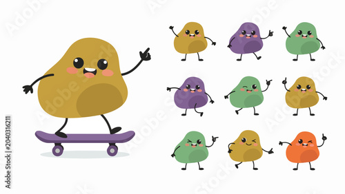 Foto Cute potato mascot character set, funny vegetable cartoon on skateboard, collect