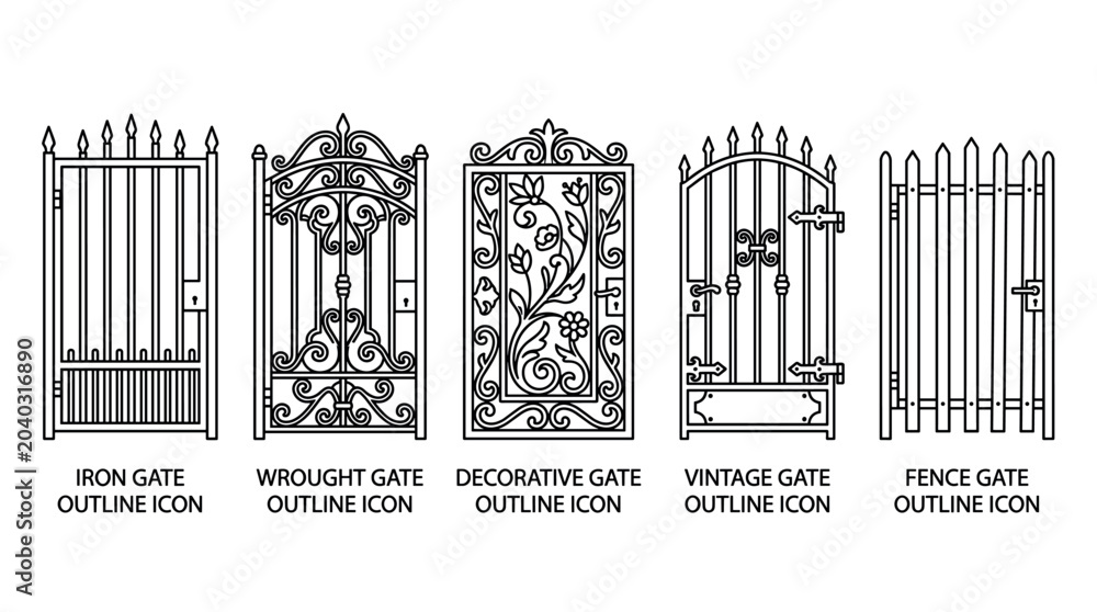 Obraz premium Five distinct gate outline icons illustrating various architectural styles, from simple iron and decorative wrought iron to vintage and picket fence designs.