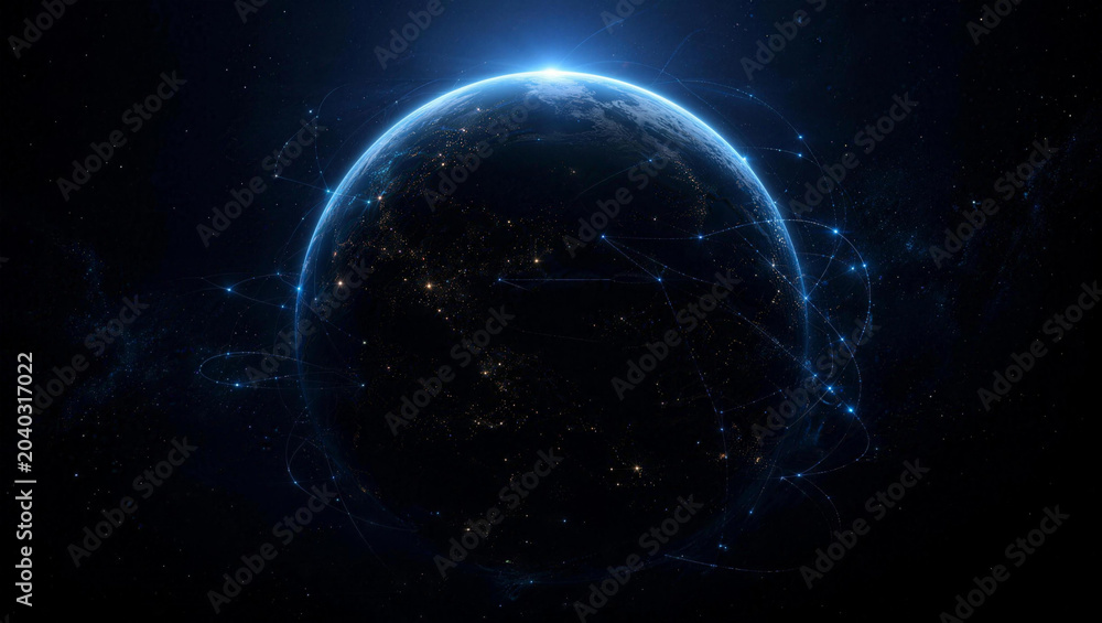 Fototapeta premium Global Network: A luminous digital globe pulsates with interconnected nodes, symbolizing the vast network of global communication and technology.