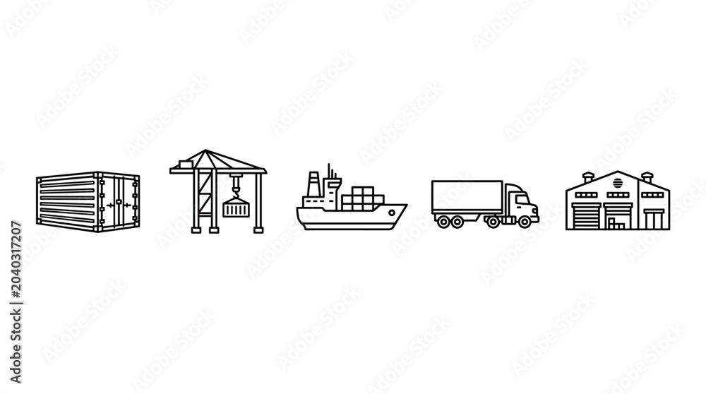Obraz premium Logistics and shipping industry icons depicting global cargo transportation, warehousing, and delivery services in a modern outline style.
