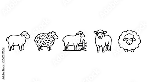 Various sheep illustrations in simple outline style, perfect for farm animal concepts, agricultural designs, and children's educational materials.
