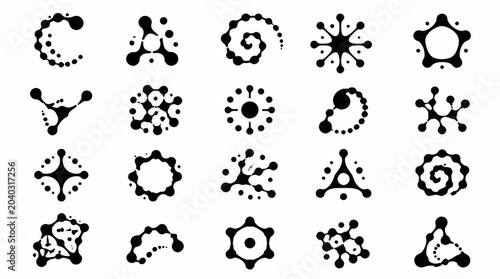 Set of abstract black molecular and cellular icons on white background.