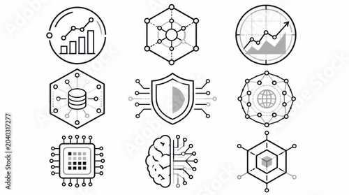 Set of hand drawn technology and data science icons in sketch style.