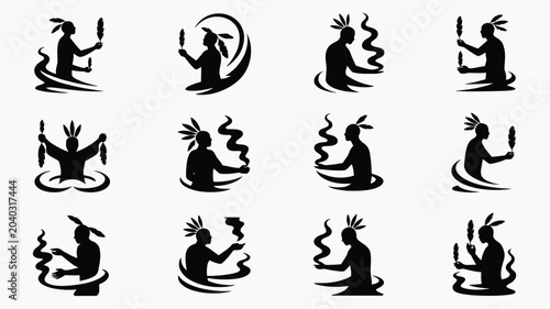 Native american figures in silhouette performing rituals with smoke and feathers.