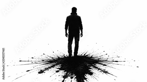 Silhouette of a man standing on a black ink splatter.