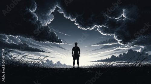 Silhouette of a man standing alone under dramatic storm clouds at dawn.