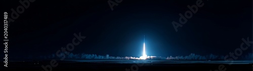 Dramatic sky ballet of defense missile above desert night. Vivid gradient. Intense rocket launch casts fiery glow on desert night. Digital artwork. Editorial style.
