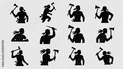 Cuadro en lienzo Twelve black silhouette icons depicting primitive characters carrying sharp hand axes