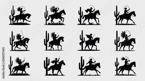 Foto Collection of black silhouettes showcasing cowboys and native riders in western landscape