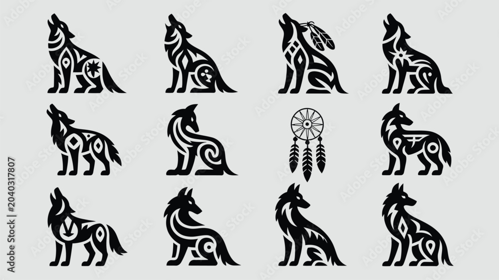 Obraz premium Stylized wolf silhouettes with tribal patterns, howling and sitting poses.