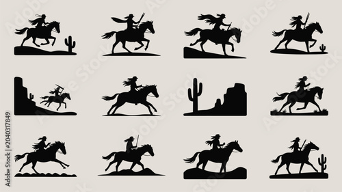Tableau sur toile Twelve black silhouettes of indigenous people riding horses in desert landscapes with cacti
