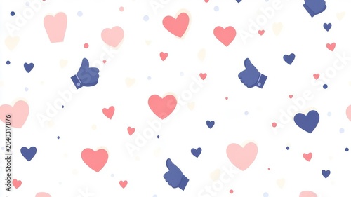Seamless pattern of romantic hearts and thumbs up icons for social media engagement and digital graphic design backgrounds.