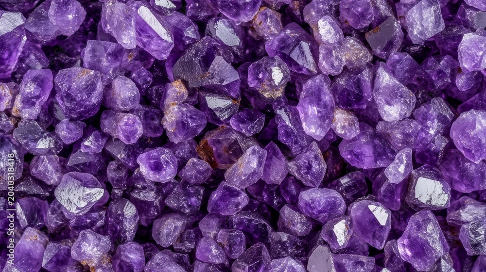 Fototapeta premium Natural amethyst crystal clusters texture background deep purple gemstones macro close up photography decorative mineral stone surface.