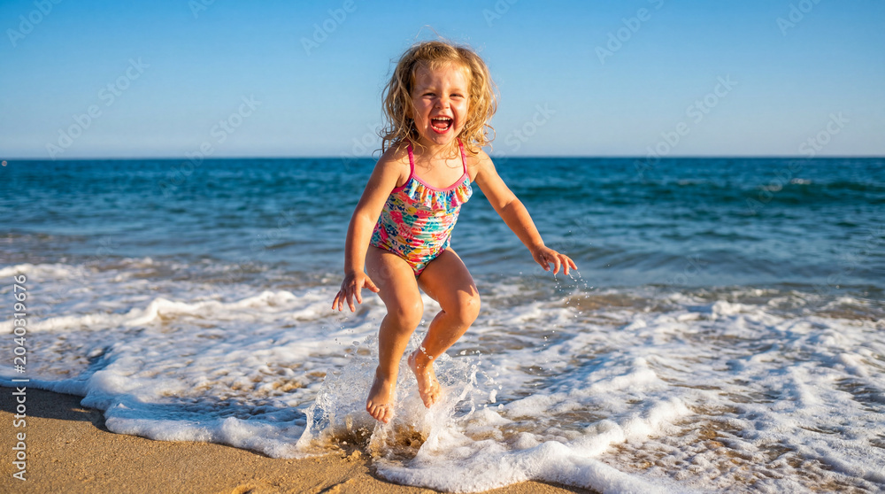 Naklejka premium Summer beach vacation toddler girl jumping waves laughing playing for holiday travel tropical paradise ocean fun children seaside joyful design