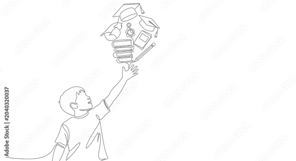 Fototapeta premium Boy Reaching for Lightbulb of Knowledge: Graduation Caps, Books, Pencil, Clock
