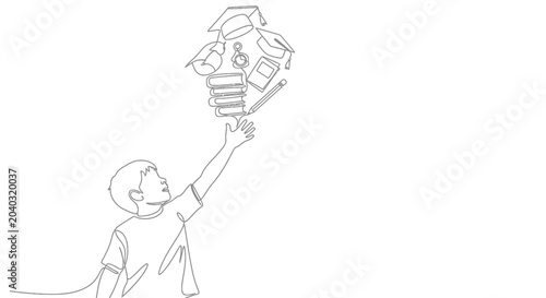 Photos Boy Reaching for Lightbulb of Knowledge: Graduation Caps, Books, Pencil, Clock