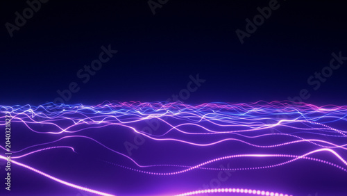 Konstfotografi Glowing purple particle waves with flowing digital structure, technology backgro