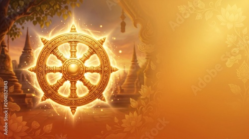 Dhammacakka Festival gradient banner in gold and saffron tones, Dharma wheel glowing with sacred light, Buddhist spiritual atmosphere