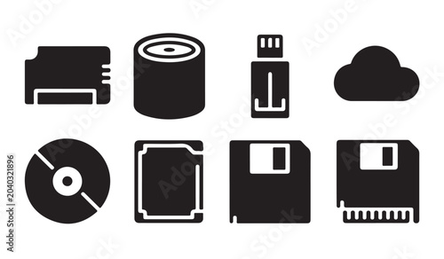 Photos Digital data storage and media icons collection on transparent background