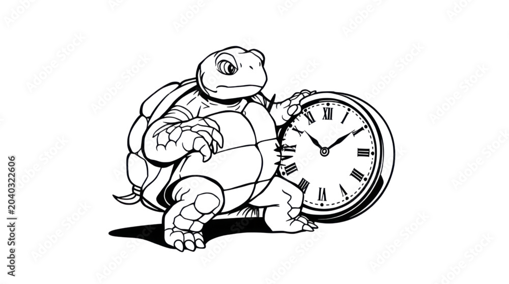 Obraz premium Turtle Cartoon Holding Antique Clock a Symbol of Slow Progress and Timeless Wisdom
