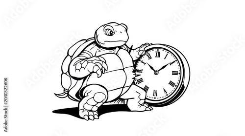 Slika na platnu Turtle Cartoon Holding Antique Clock a Symbol of Slow Progress and Timeless Wisd