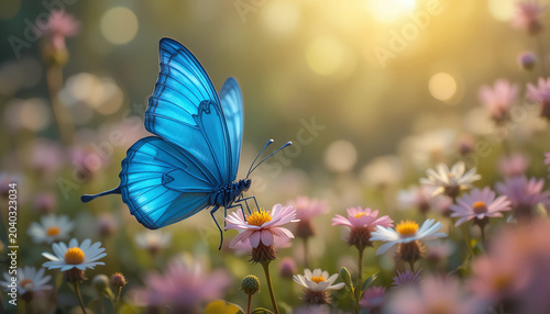 Blue origami butterfly resting on wildflowers, magical garden background, shallow depth of field