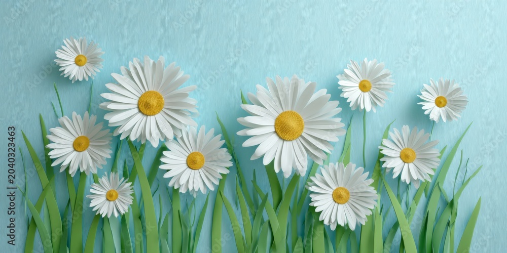 Fototapeta premium Vibrant Paper Flowers with Bright Yellow Centers on Light Blue Background, Perfect for Spring and Floral Themes in Craft Projects, Events, and Decor