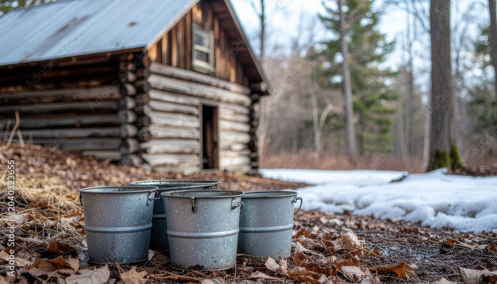 Obraz premium Rustic Log Cabin and Metal Buckets for Maple Sap