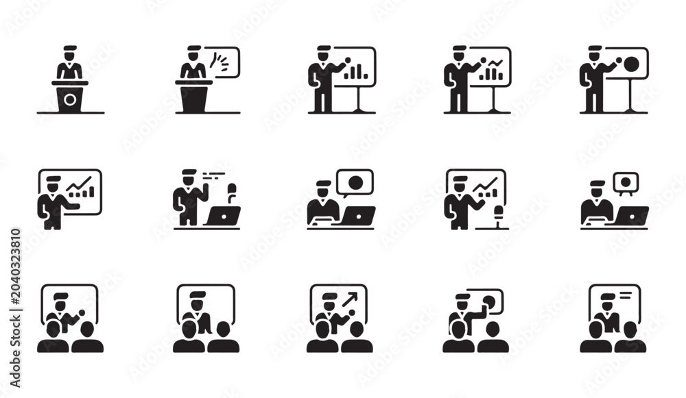 Fototapeta premium Professional presentation icons with business speakers showing data on whiteboard flat vector.